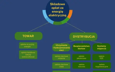 Schemat przedstawia składowe opłat za energię elektryczną, dzieląc je na "TOWAR" i "DYSTRYBUCJĘ", która obejmuje koszty utrzymania sieci i bezpieczeństwa dostaw.