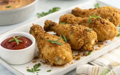 Pilon de poulet croustillants, parfaits pour une recette facile. Servi avec une sauce tomate et des herbes fraîches.