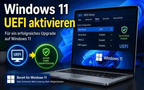 Anleitung: Windows 11 erfordert UEFI. Das Bild zeigt, wie man im BIOS/UEFI-Setup die Option "Boot Mode" auf UEFI stellt, um TPM 2.0 und Secure Boot zu aktivieren.