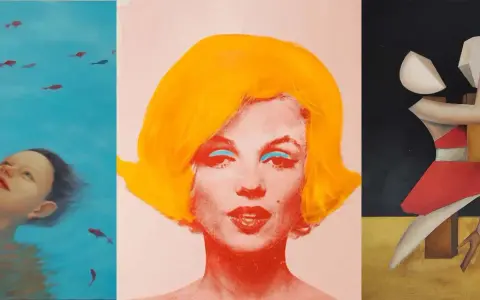 Three distinct artworks showcase figurative art: a child looking up at fish in blue water, a vibrant pop art portrait of Marilyn Monroe, and abstract dancers.