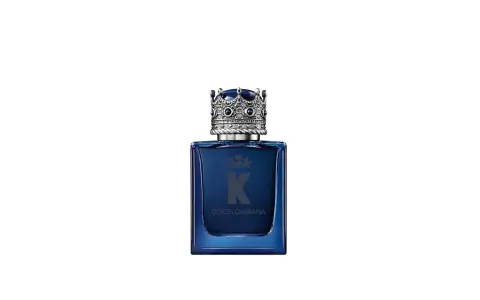 Dunkelblaue Glasflasche mit silberner Krone als Verschluss und "K DOLCE & GABBANA" Schriftzug.