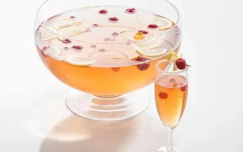 Un grand bol de punch rose avec des tranches de citron et des framboises, prêt pour une recette de soupe champenoise.