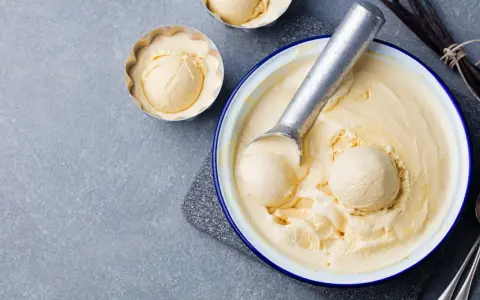 Glace vanille sorbetière crémeuse, servie dans un bol avec une cuillère à glace. Des gousses de vanille sont disposées à côté.