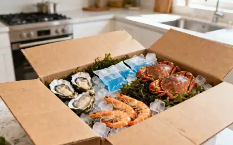 Boîte de fruits de mer frais : huîtres, crevettes et crabes, prêts pour un festin digne d'un restaurant de fruits de mer à Tours.