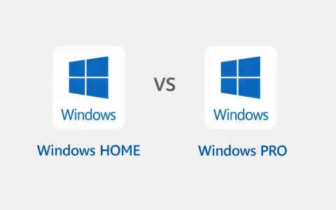 Porównanie: Windows HOME vs Windows PRO. Dwa logotypy Windows z napisem "Windows HOME" i "Windows PRO".