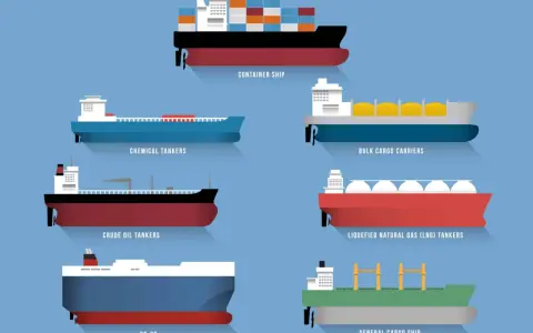 Illustration de différents types de bateau : porte-conteneurs, chimiquiers, vraquiers, pétroliers, méthaniers et cargo polyvalent.