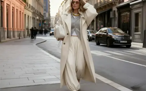 Frau in beigem Trenchcoat und weiten Hosen, minimalistischer Stil, geht auf einer Straße in einer europäischen Stadt.
