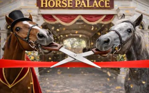 Deux chevaux coupent un ruban rouge avec des ciseaux, sous l'enseigne "HORSE PALACE". Une scène festive pour l'ouverture d'une pension cheval.