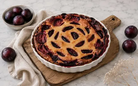 Un délicieux clafoutis aux prunes, doré et garni de fruits juteux, est prêt à être dégusté. Quelques prunes fraîches l'accompagnent.