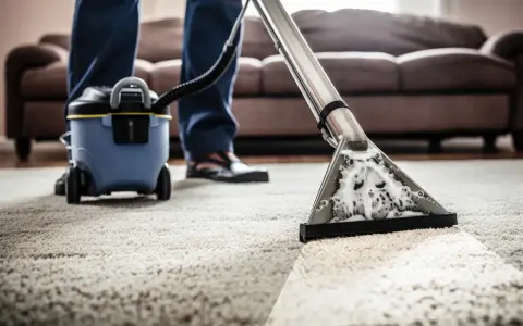 Un homme utilise une shampouineuse pour nettoyer un tapis. La machine projette de l'eau savonneuse et l'aspire, laissant le tapis propre.