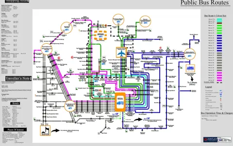 Mapa publicznych tras autobusowych Brunei-Muara z zaznaczonymi punktami, sklepami i hotelami.
