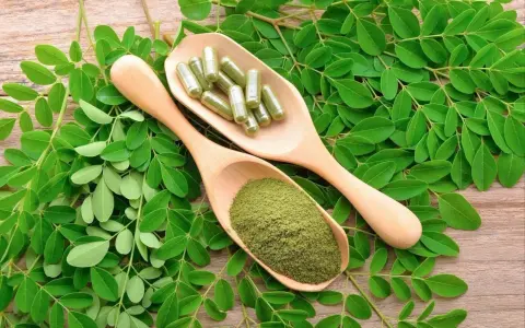 Feuilles de moringa, poudre verte et gélules sur des cuillères en bois. Découvrez les nombreux moringa bienfaits pour votre santé.