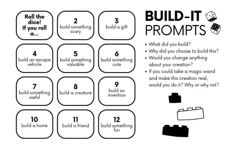 Karty pracy "BUILD-IT PROMPTS" z pomysłami na budowanie: od domu po przyjaciela.
