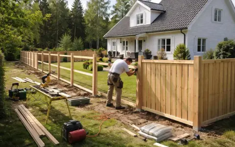 Man bygger staket runt ett vitt hus. Verktyg och material ligger utspritt på gräsmattan.