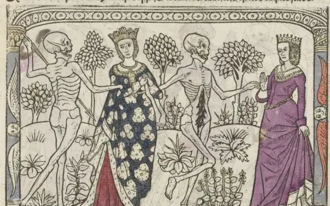 Obraz danse macabre: szkielety wiodą do tańca królową i damę, przypominając o nieuchronności śmierci.