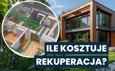 Nowoczesny dom z zielenią i schematem wentylacji mechanicznej z odzyskiem ciepła. Rekuperacja w domu.