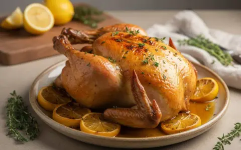 Pollo arrosto dorato con spicchi di limone e timo. Un piatto invitante, perfetto per gustare dei succulenti bocconcini di pollo al limone.