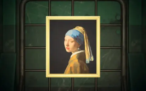 Una de las obras de arte de Animal Crossing, "Muchacha con turbante azul", cuelga en una pared verde.