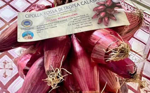 Un fascio di cipolle rosse di Tropea, con la loro etichetta che ne certifica l'origine calabrese.