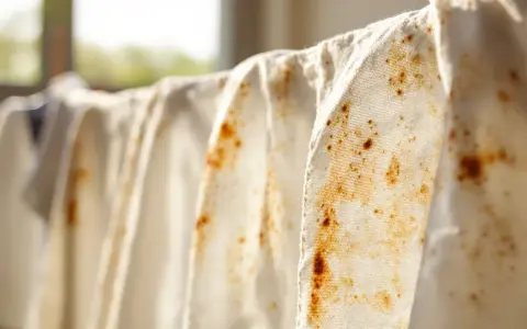 Tessuti bianchi appesi con macchie arrugginite. Scopri come togliere le macchie di ferro dai tessuti per farli tornare come nuovi.