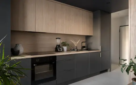 Cocinas de leña modernas con gabinetes de madera clara y encimeras oscuras. Un horno, licuadora y plantas decoran el espacio.