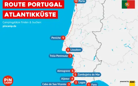 Route Portugal Atlantikküste: Tipps für deinen Urlaub von Porto bis Faro. Entdecke Campingplätze entlang der Küste.
