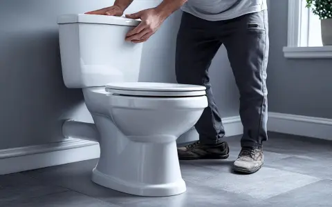 Un homme ajuste le couvercle d'un nouveau **pose wc** blanc, prêt pour l'installation.