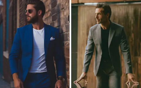 Dos hombres con estilo, uno con camisa y blazer azul, el otro con camisa y blazer gris.
