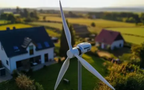 Nowoczesne turbiny wiatrowe domowe zapewniają czystą energię dla domów na tle zielonych pól i sielskiego krajobrazu.