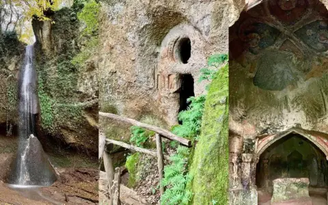 Cascata e grotte scavate nella roccia, tra cui un'antica cappella affrescata, nel suggestivo eremo di Poggio Conte.