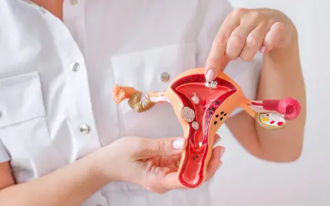 Model narządu rodnego kobiety z widocznymi mięśniakami i cienkim endometrium.
