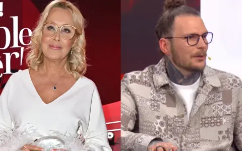 Polskie gwiazdy: Kobieta w białej sukni i okularach oraz mężczyzna z tatuażami i kitką na głowie.