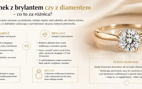 Złoty pierścionek z olśniewającym brylantem, czyli oszlifowanym diamentem, który wydobywa jego blask i ogień.