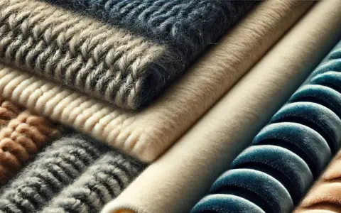 Superposition de textures douces : lainages torsadés, velours côtelé bleu, et matière plaid douce et chaude.