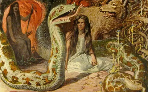 A young woman sits between a giant serpent and a wolf, a scene from Norse mythology depicting Loki's children.