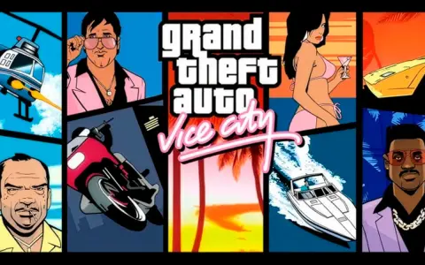 Portada GTA Vice City: collage de personajes, vehículos y el logo del juego.