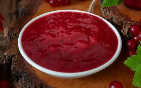 Eine Schüssel mit leuchtend roter Cumberland Sauce, umgeben von frischen Johannisbeeren und grünen Blättern.