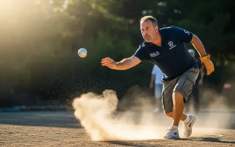 Un homme concentré est en pleine action, tirant avec des petites boules sur un terrain poussiéreux. La lumière dorée du soleil illumine la scène.