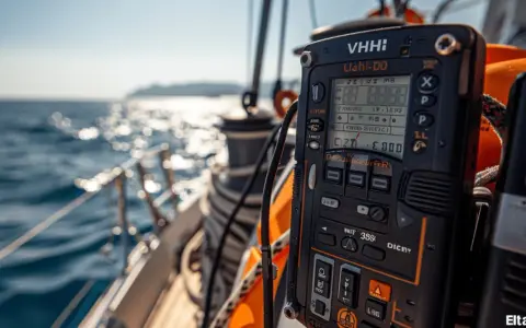 Radio VHF marine en action sur un voilier, assurant la communication en mer.