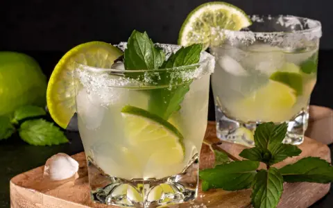 Orzeźwiające mojito z limonką i miętą, idealne na upalne dni. Lód, cukier i świeże składniki tworzą idealną kompozycję.