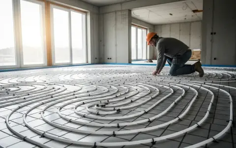Un ouvrier installe un réseau de tubes pour un plancher chauffant électrique. Il est essentiel de bien comment tester un plancher chauffant électrique avant de couler la chape.