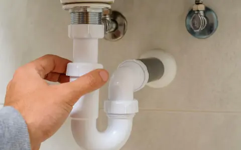 Mano ajustando la altura del desague del lavabo, tubería blanca de PVC bajo el lavamanos.