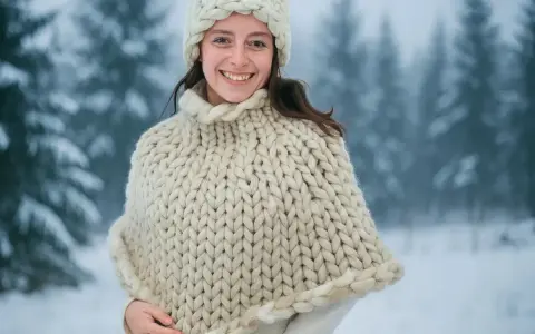 Lucila sonríe, abrigada con un poncho tejido grueso y un gorro, en un bosque nevado.