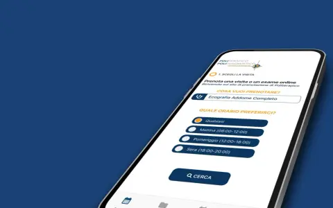 App per prenotare visite mediche, con opzioni per ecografia addome e scelta orario. Esempi di poliptoto nella scelta dell'orario: Mattina, Pomeriggio, Sera.
