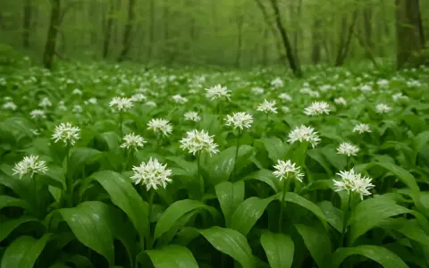 Champ de fleurs blanches d'ail des ours, annonçant la saison. La forêt verdoyante en arrière-plan crée une atmosphère paisible.