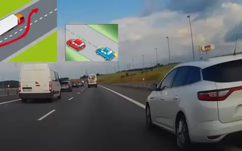 Ilustracje i zdjęcie z autostrady pokazujące manewry wyprzedzania.
