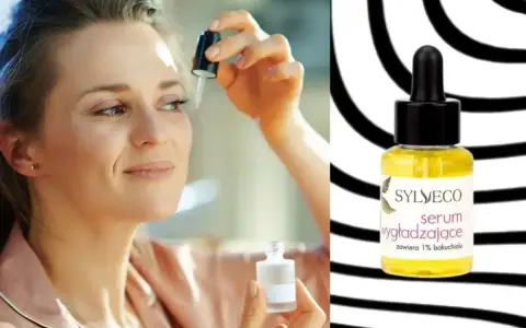 Kobieta aplikuje serum rewitalizujące Sylveco. Dostępne w Rossmannie, to serum wygładzające z bakuchiolem.