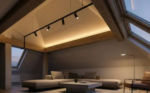 Accogliente mansarda con tetto spiovente, illuminazione a faretti e luce d'ambiente calda.