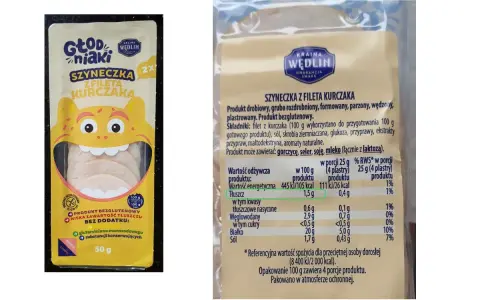 Szyneczka z fileta kurczaka w opakowaniu 50g. Produkt bezglutenowy, z niską zawartością tłuszczu, bez dodatku glutaminianu.