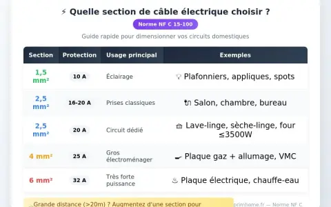 Tableau comparatif des sections de câble électrique 220V selon leur usage : éclairage, prises, gros électroménager.